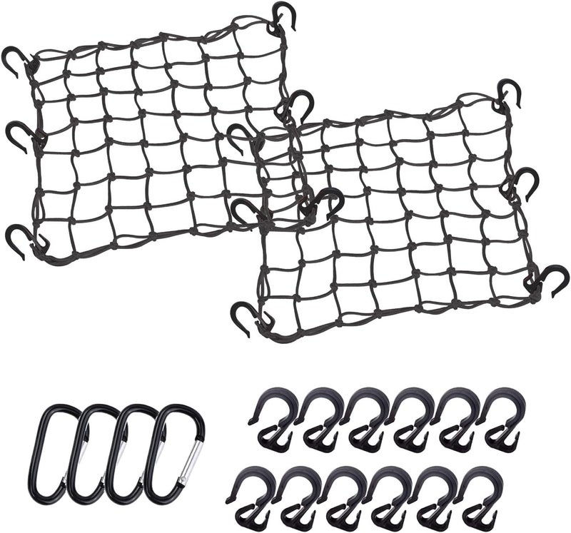 Thewinio Cargo Net 15"x15" Stretches to 30"x30" with Thicken Hooks | Natural Latex Core, Tight 2”x2” Mesh Small Heavy Duty Bungee Net for Motorcycle Helmet, Bike, ATV, UTV, Luggage (Black, 2 Pack) - Image 1